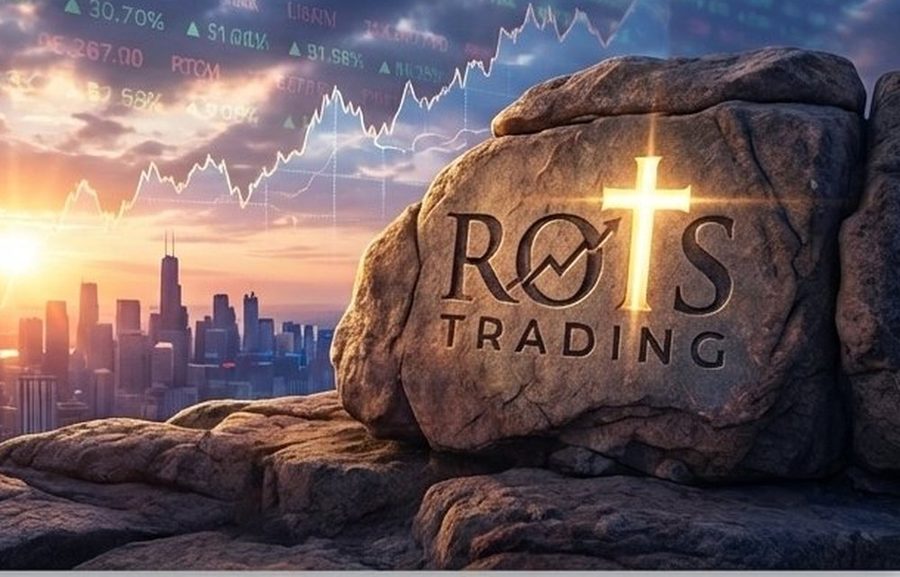 ROTS Trading engraved in rock against a city skyline at sunrise